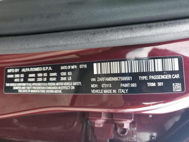 ZARFAMBN8K7599561 - 2019 ALFA ROMEO GIULIA TI Turkuaz fotoğraf 13