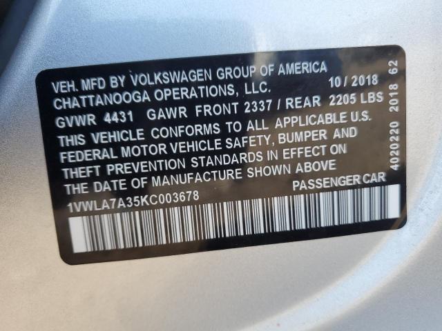 1VWLA7A35KC003678 - 2019 VOLKSWAGEN PASSAT WOLFSBURG Серебристый фото 13