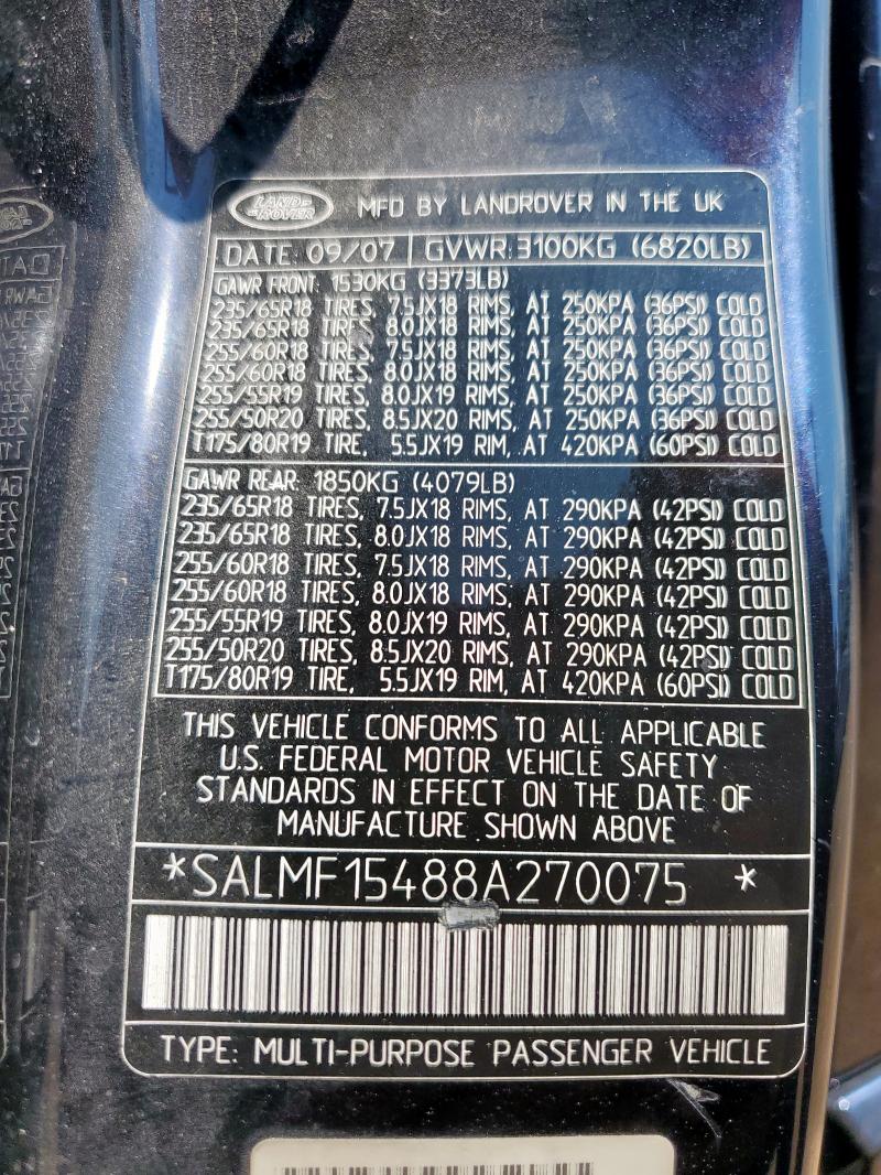 SALMF15488A270075 - 2008 LAND ROVER RANGE ROVE HSE BLUE photo 13