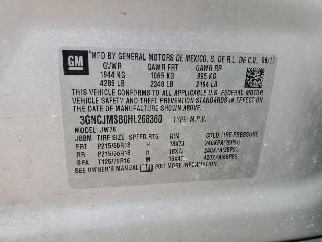 3GNCJMSB0HL268360 - 2017 CHEVROLET TRAX PREMIER SILVER photo 13