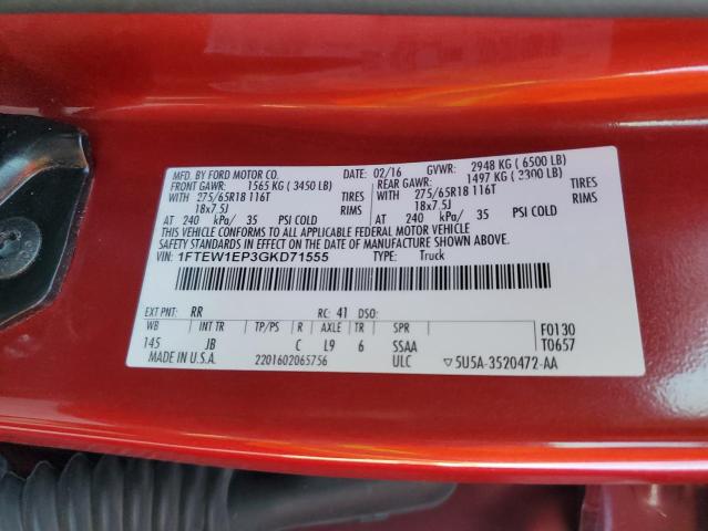 1FTEW1EP3GKD71555 - 2016 FORD F150 SUPERCREW RED photo 12