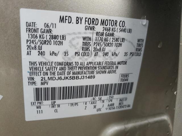 2LMDJ6JK5BBJ31489 - 2011 LINCOLN MKX 金色 照片 14