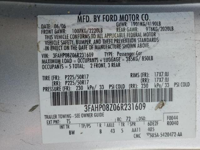 3FAHP08Z06R231609 - 2006 FORD FUSION SEL SILVER photo 12