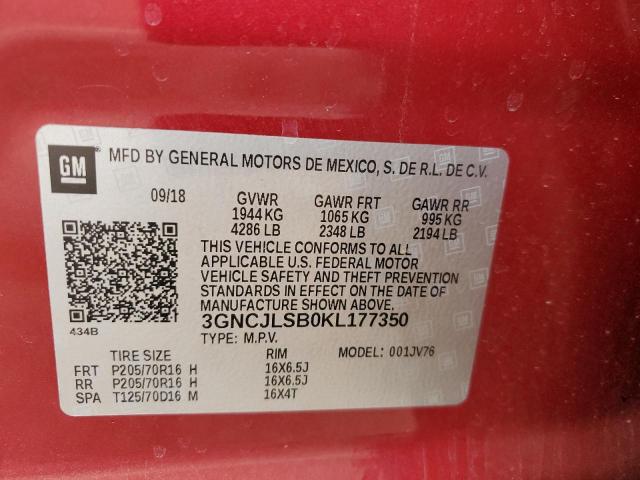 3GNCJLSB0KL177350 - 2019 CHEVROLET TRAX 1LT RED photo 12