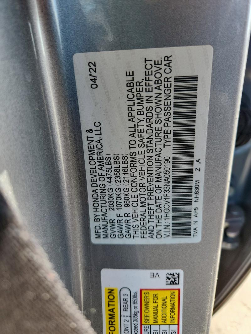 1HGCV1F33NA050190 - 2022 HONDA ACCORD SPORT SILVER photo 12