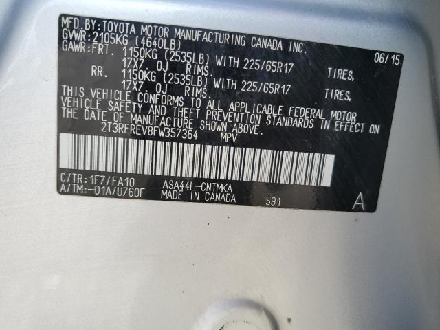 2T3RFREV8FW357364 - 2015 TOYT RAV4 XLE SILVER photo 10