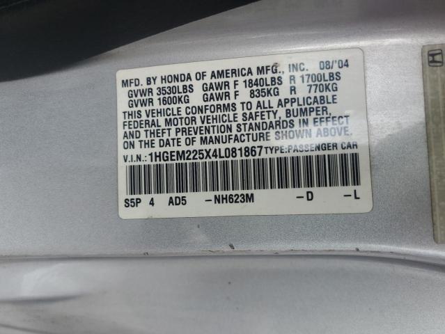 1HGEM225X4L081867 - 2004 HONDA CIVIC LX 银色 照片 12