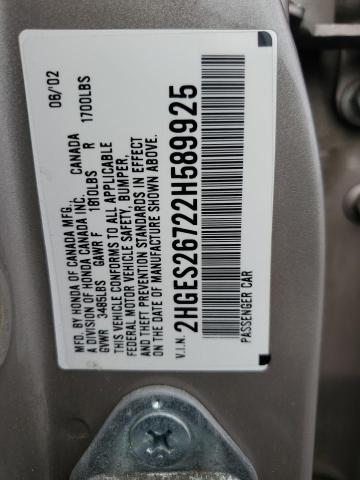 2HGES26722H589925 - 2002 HONDA CIVIC EX BEIGE photo 12