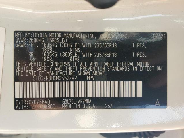 5TDGZRBH9MS552742 - 2021 TOYOTA HIGHLANDER XLE WHITE photo 12