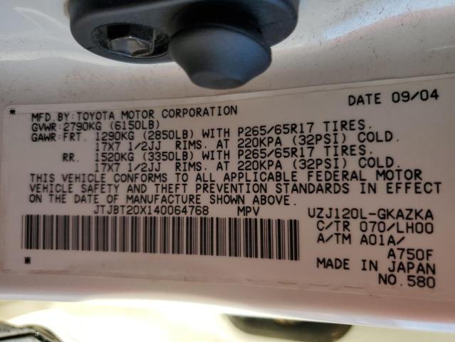 JTJBT20X140064768 - 2004 LEXUS GX 470 WHITE photo 13