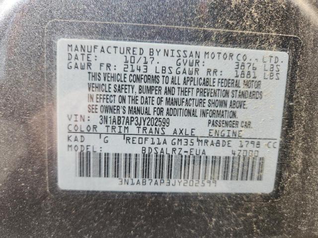 3N1AB7AP3JY202599 - 2018 NISSAN SENTRA S Сұр фото 12