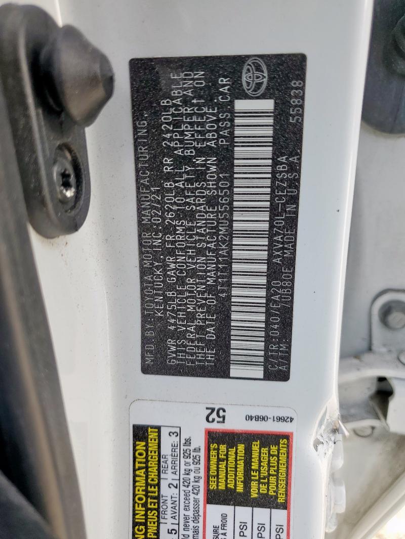 4T1T11AK2MU556501 - 2021 TOYOTA CAMRY SE 白色 照片 12