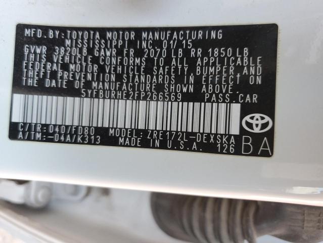 5YFBURHE2FP266569 - 2015 TOYOTA COROLLA L WHITE photo 13