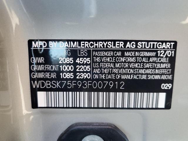 WDBSK75F93F007912 - 2003 MERCEDES-BENZ SL 500R ვერცხლისფერი ფოტო 12