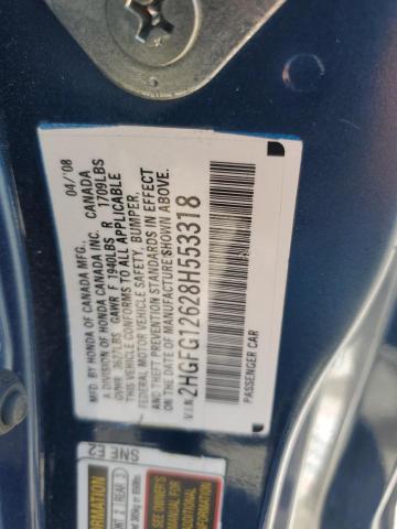 2HGFG12628H553318 - 2008 HONDA CIVIC LX 蓝色 照片 12