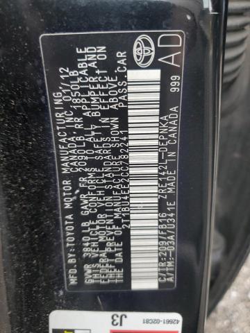 2T1BU4EE2CC782241 - 2012 TOYOTA COROLLA BASE BLACK photo 12