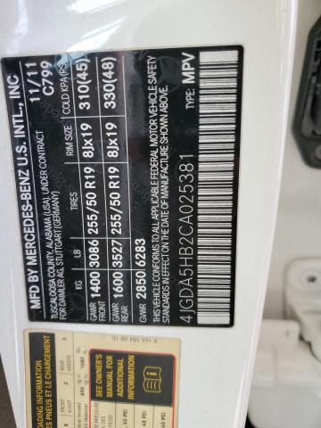 4JGDA5HB2CA025381 - 2012 MERCEDES-BENZ ML 350 4MATIC WHITE photo 13