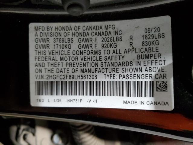 2HGFC2F89LH561308 - 2020 HONDA CIVIC SPORT 黑色 照片 12
