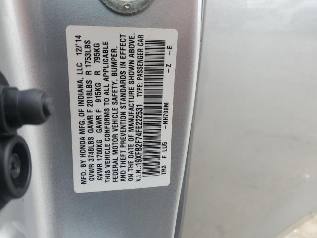19XFB2F74FE222531 - 2015 HONDA CIVIC SE SILVER photo 12