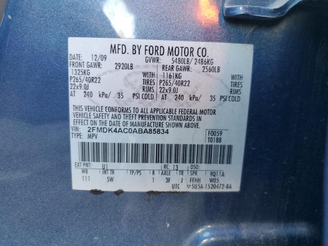 2FMDK4AC0ABA85834 - 2010 FORD EDGE SPORT BLUE photo 12