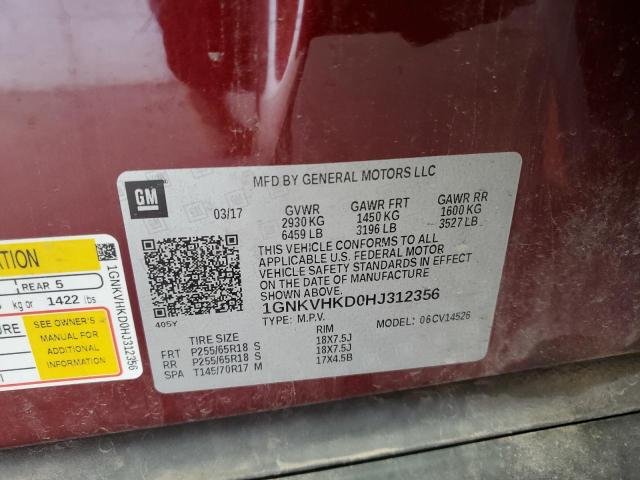 1GNKVHKD0HJ312356 - 2017 CHEVROLET TRAVERSE LT RED photo 13