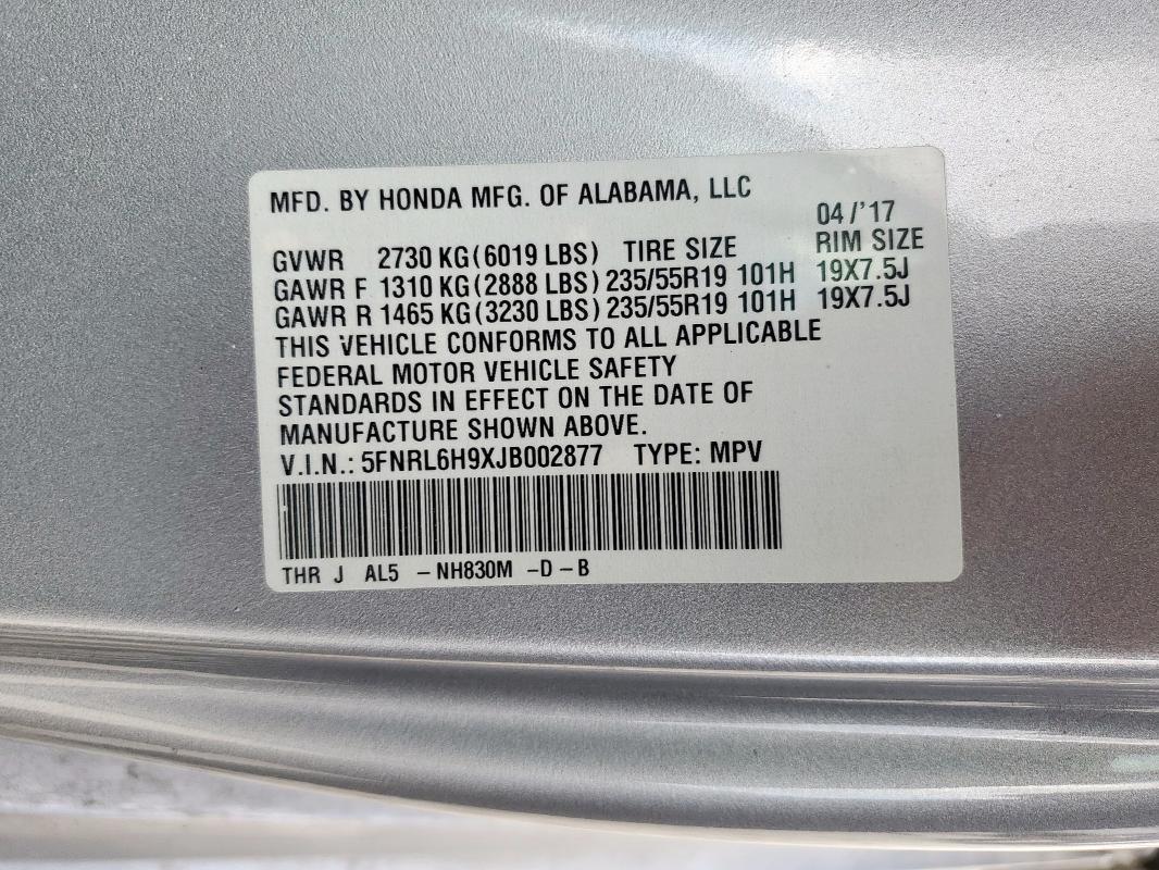 5FNRL6H9XJB002877 - 2018 HONDA ODYSSEY ELITE SILVER photo 13