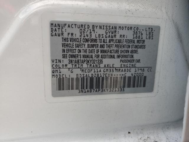 3N1AB7AP3KY321335 - 2019 NISSAN SENTRA S WHITE photo 12