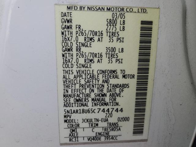 5N1AR18U65C744744 - 2005 NISSAN PATHFINDER LE WHITE photo 13