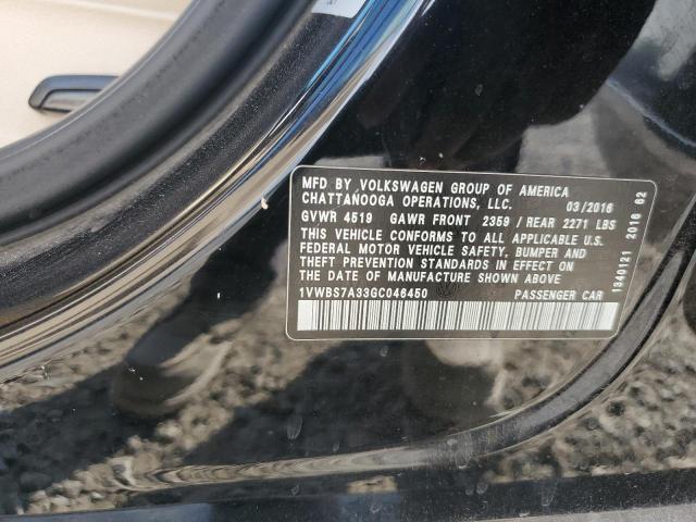 1VWBS7A33GC046450 - 2016 VOLKSWAGEN PASSAT SE შავი ფოტო 12