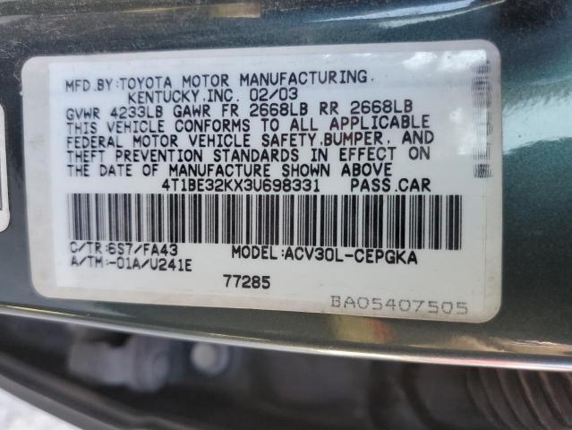 4T1BE32KX3U698331 - 2003 TOYOTA CAMRY LE GREEN photo 12