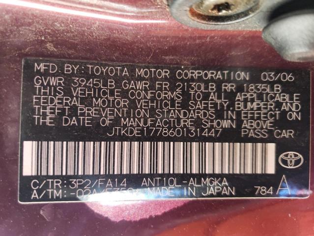 JTKDE177860131447 - 2006 TOYOTA SCION TC 栗色 照片 12