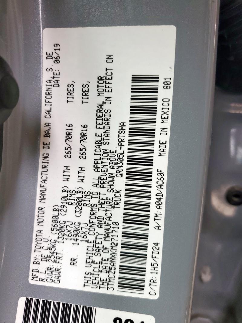 3TMCZ5ANXKM271710 - 2019 TOYOTA TACOMA DOUBLE CAB Մոխրագույն լուսանկար 12