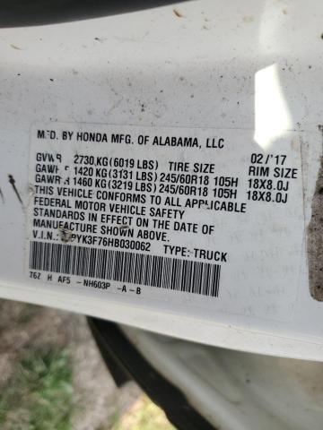 5FPYK3F76HB030062 - 2017 HOND RIDGELINE RTL Սպիտակ լուսանկար 10