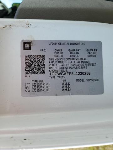 1GCWGAFP5L1230258 - 2020 CHEV EXPRESS G2500 WHITE photo 10