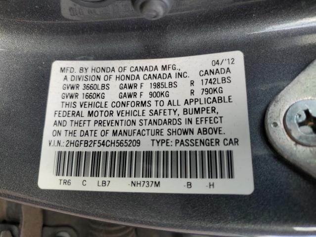 2HGFB2F54CH565209 - 2012 HONDA CIVIC LX GRAY photo 13