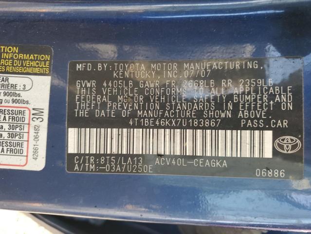 4T1BE46KX7U183867 - 2007 TOYOTA CAMRY CE BLUE photo 12