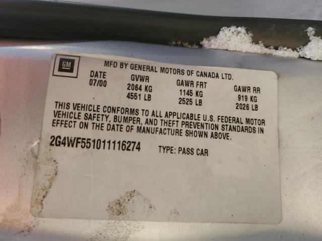 2G4WF551011116274 - 2001 BUICK REGAL GS SILVER photo 12