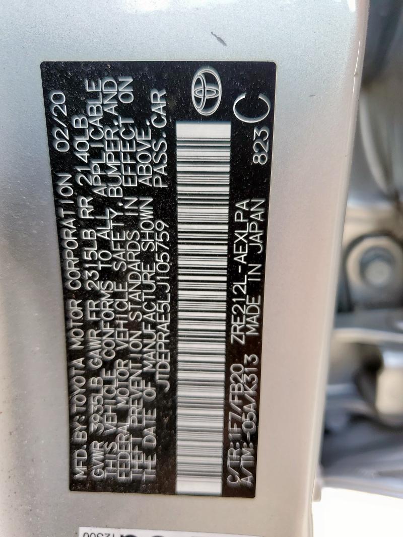 JTDEPRAE5LJ105759 - 2020 TOYOTA COROLLA LE SILVER photo 12