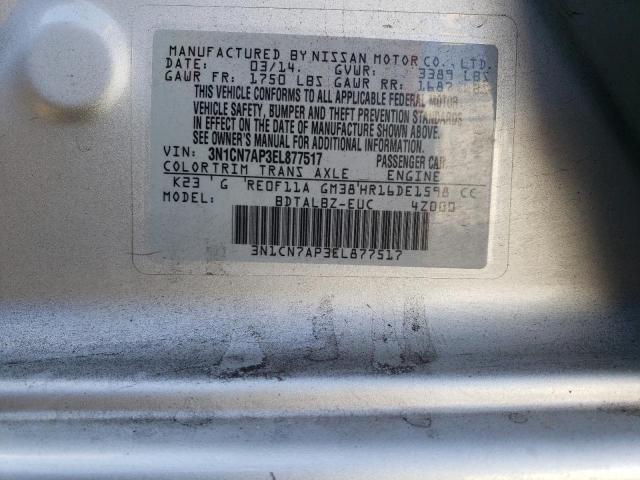 3N1CN7AP3EL877517 - 2014 NISSAN VERSA S SILVER photo 12