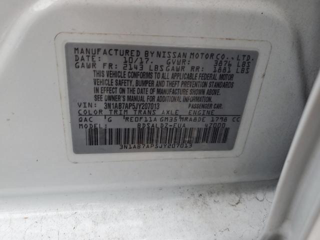 3N1AB7AP5JY207013 - 2018 NISSAN SENTRA S أبيض صورة 13