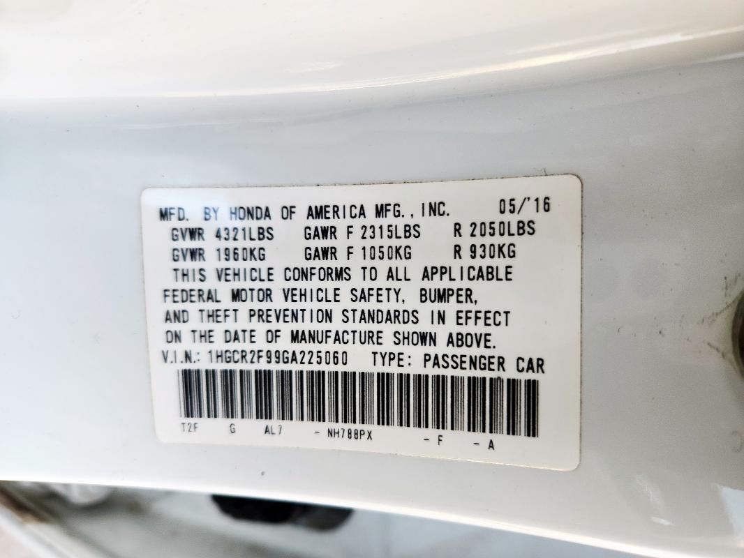 1HGCR2F99GA225060 - 2016 HONDA ACCORD EXL WHITE photo 12