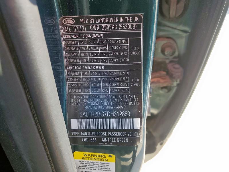 SALFR2BG7DH312869 - 2013 LAND ROVER LR2 HSE მწვანე ფოტო 13