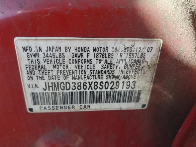 JHMGD386X8S029193 - 2008 HONDA FIT SPORT RED photo 12