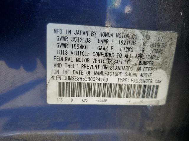 JHMGE8H53BC024159 - 2011 HONDA FIT SPORT BLUE photo 12