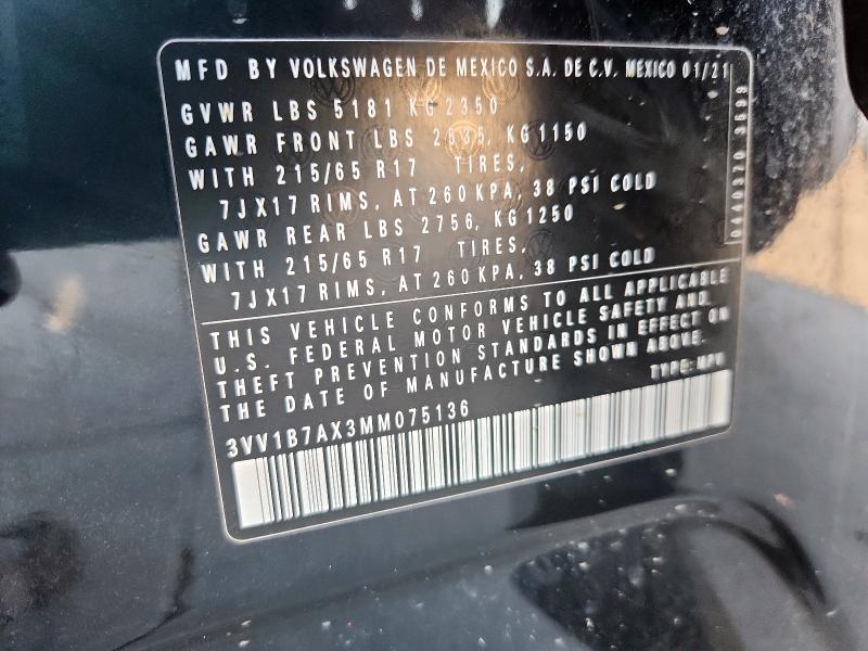 3VV1B7AX3MM075136 - 2021 VOLKSWAGEN TIGUAN S Negro foto 12