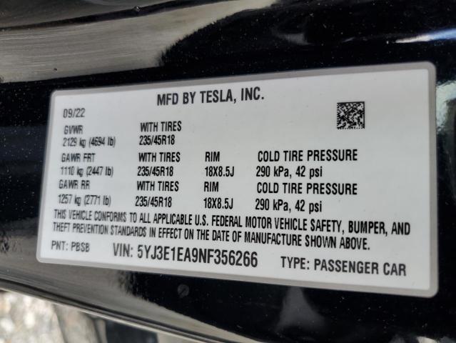 5YJ3E1EA9NF356266 - 2022 TESLA MODEL 3 BLACK photo 12