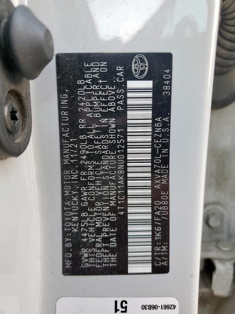 4T1C11AK8NU012571 - 2022 TOYOTA CAMRY LE WHITE photo 12