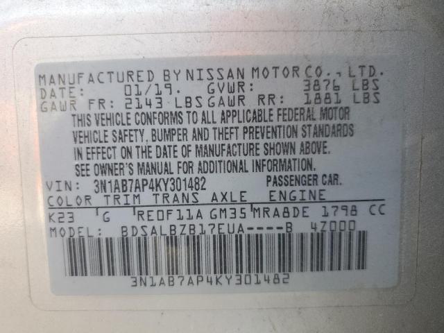 3N1AB7AP4KY301482 - 2019 NISSAN SENTRA S Күміс фото 12