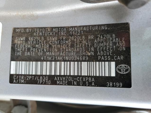 4T1K31AK1NU034689 - 2022 TOYOTA CAMRY XSE SILVER photo 12