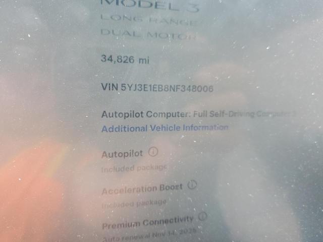 5YJ3E1EB8NF348006 - 2022 TESLA MODEL 3 أبيض صورة 9